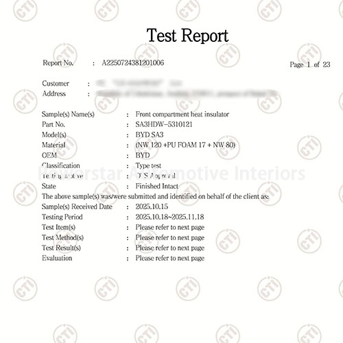Auditing & certification-Front compartment heat insulator