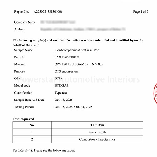 Auditing & certification-Front compartment heat insulator