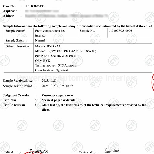 Auditing & certification-Front compartment heat insulator